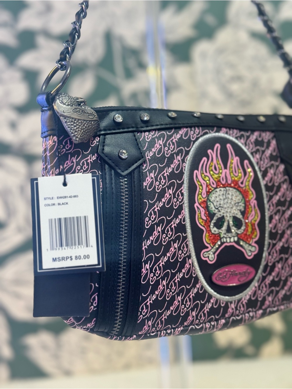 Ed Hardy Pink Script Shoulder Bag with Flaming Skull Patch NWT - Picture 2 of 3